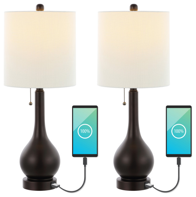 Tyler 24" Gourd Iron LED Table Lamp With PullChain, USB Ports, Set of