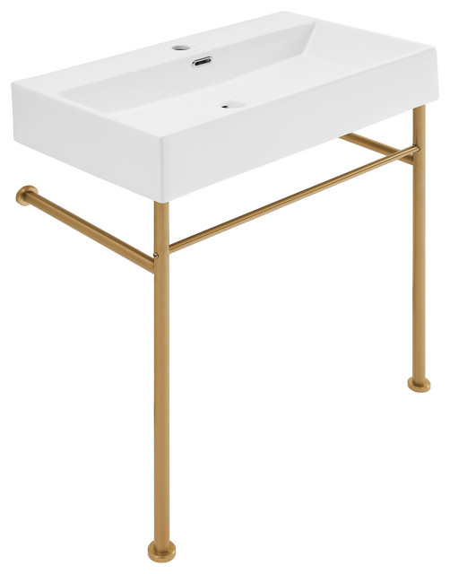 Claire 30" Ceramic Console Sink White Basin Gold Legs Contemporary