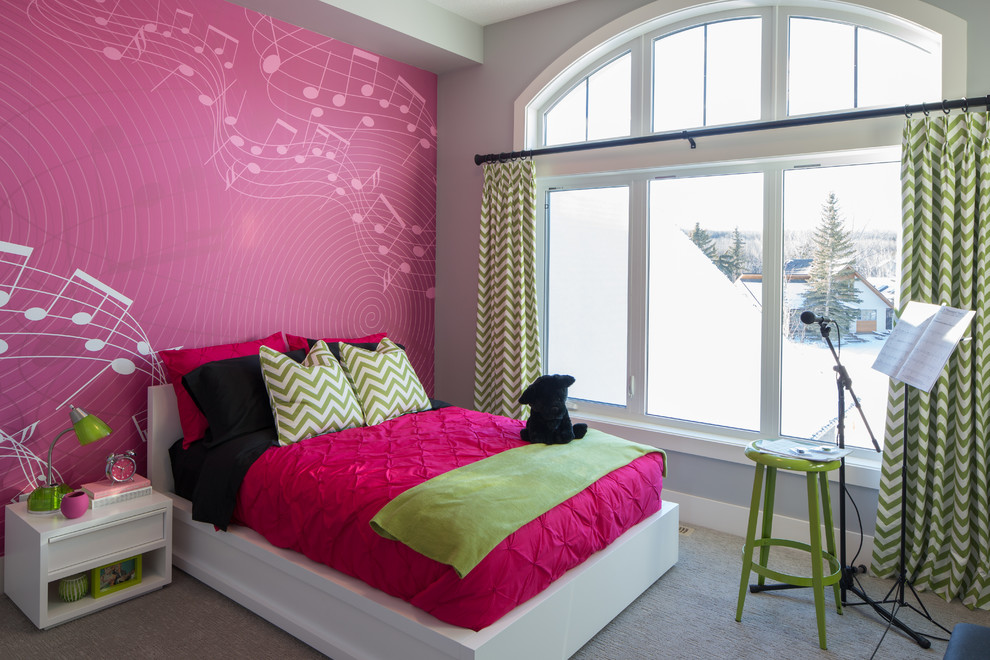 Example of a transitional girl carpeted childrens' room design in Calgary with pink walls