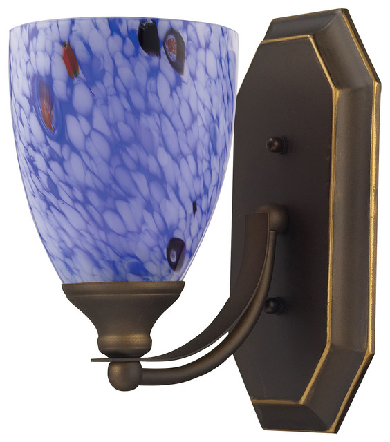 1 Light Vanity, Aged Bronze and Starburst Blue Glass Contemporary