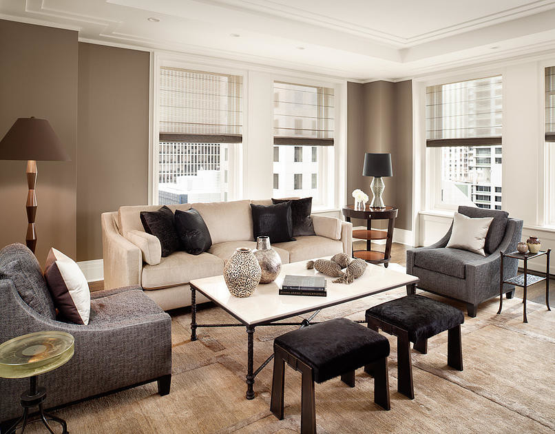 Contemporary High Rise Condo Living Room with Sheer Semi-Flat Roman ...