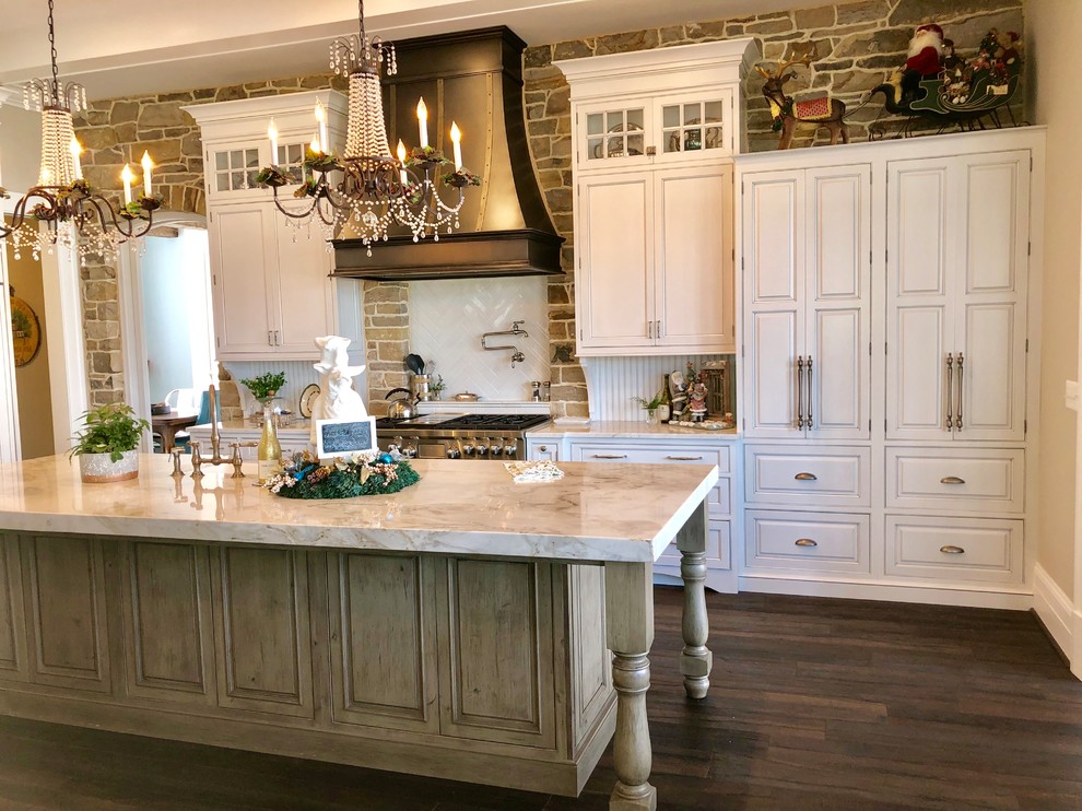 Design ideas for a country eat-in kitchen in DC Metro with beaded inset cabinets, white cabinets, white splashback, ceramic splashback, dark hardwood floors, with island and brown floor.