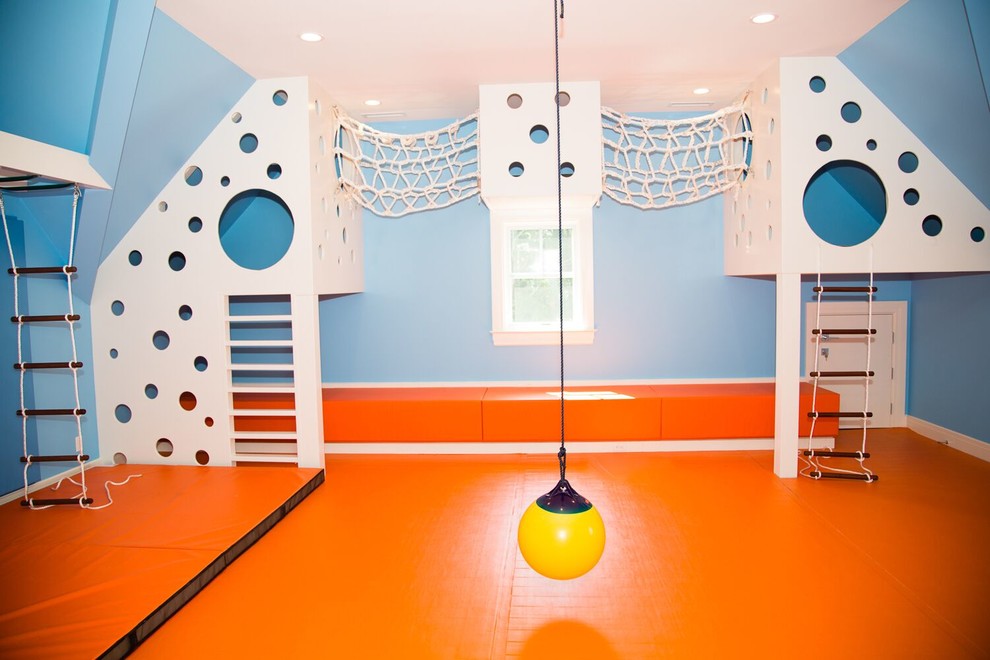 Design ideas for a mid-sized contemporary gender-neutral kids' playroom for kids 4-10 years old in New York with blue walls and orange floor.
