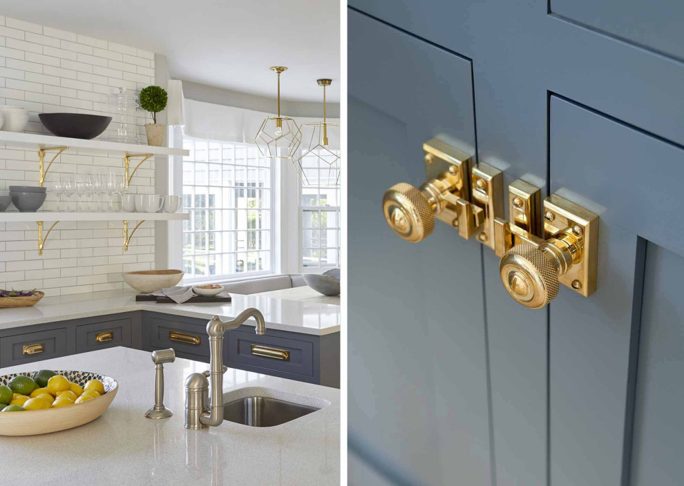 Enclosed kitchen - mid-sized contemporary medium tone wood floor enclosed kitchen idea in New York with an undermount sink, shaker cabinets, blue cabinets, stainless steel appliances and an island