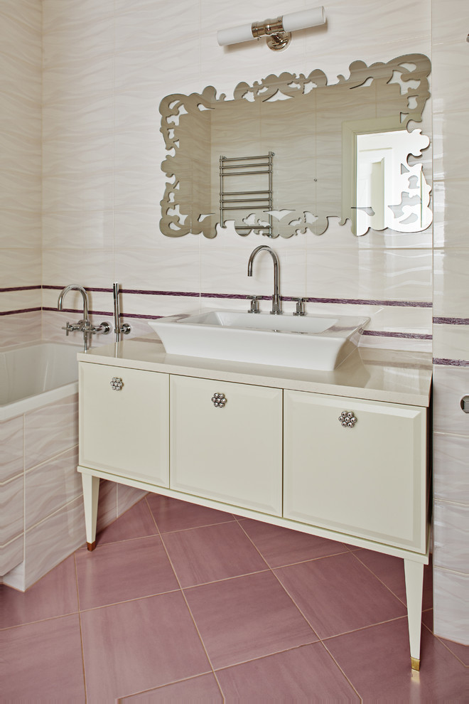Traditional bathroom in Moscow with raised-panel cabinets, white cabinets, white tile, pink tile, white walls and an undermount sink.