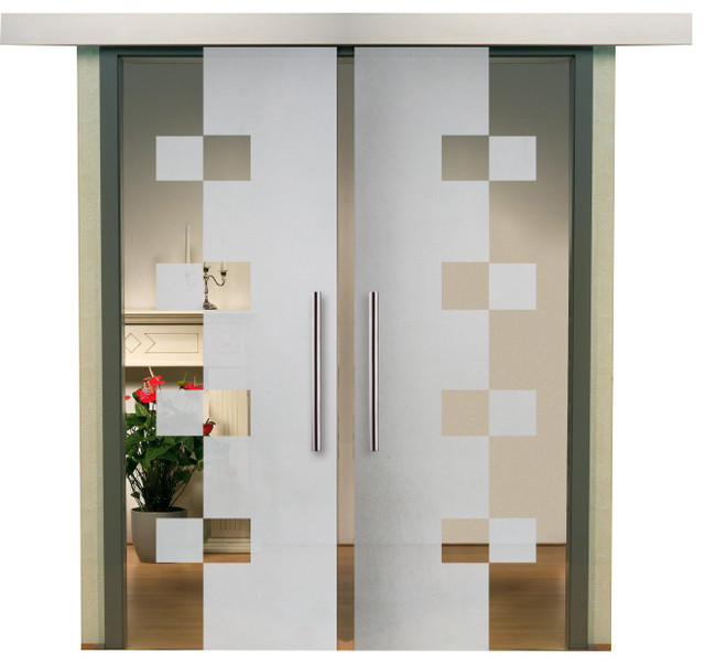 Double Sliding Barn Glass Door With Geometric Design, Semi-Private, 2x 28"x81"