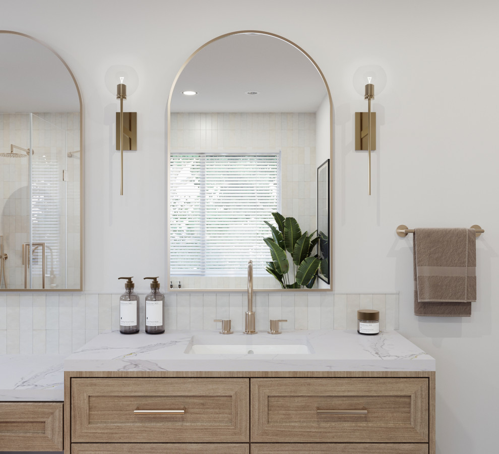 Photo of a midcentury master bathroom in San Francisco with a curbless shower, a hinged shower door and a double vanity.