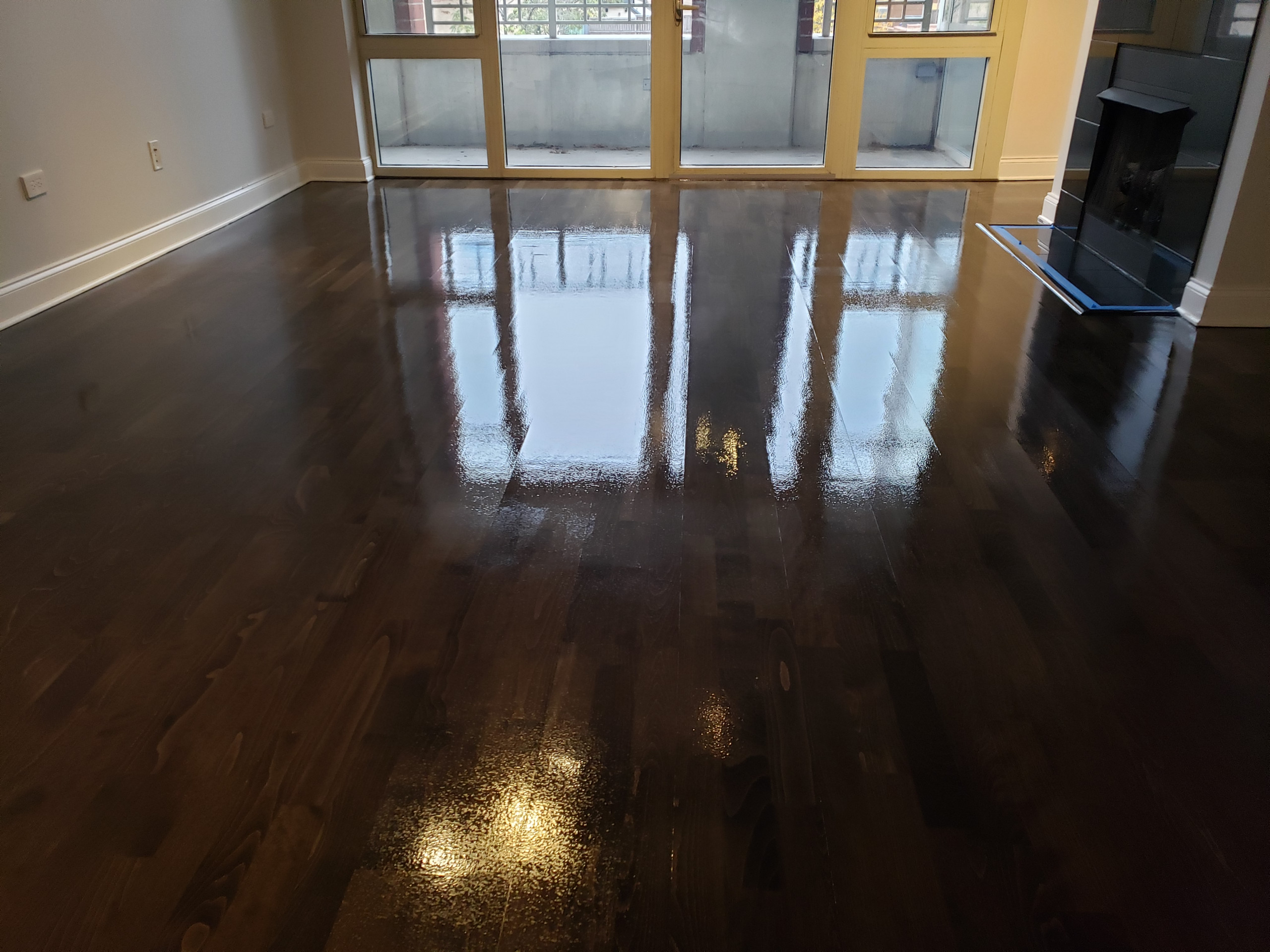 Chicago,  Kahrs Engineered flooring refinished,Dark Walnut stain ,Bona Traffic f