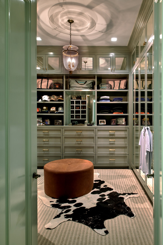 Traditional storage and wardrobe in Los Angeles with recessed-panel cabinets and green cabinets.