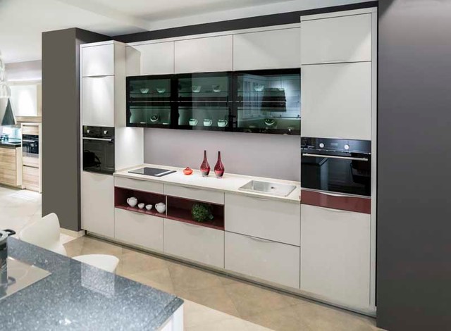 Bauformat Kitchen In Satin Matte White Finish With Black Glass