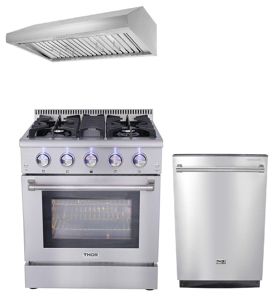 Thor Kitchen 3Piece 30" Gas Range, Range Hood, And Dishwasher