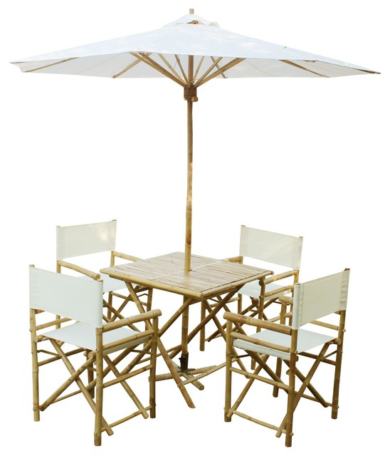 Bamboo Patio Set w/ 4 White Director Chairs +1 Square Table w/ Matching