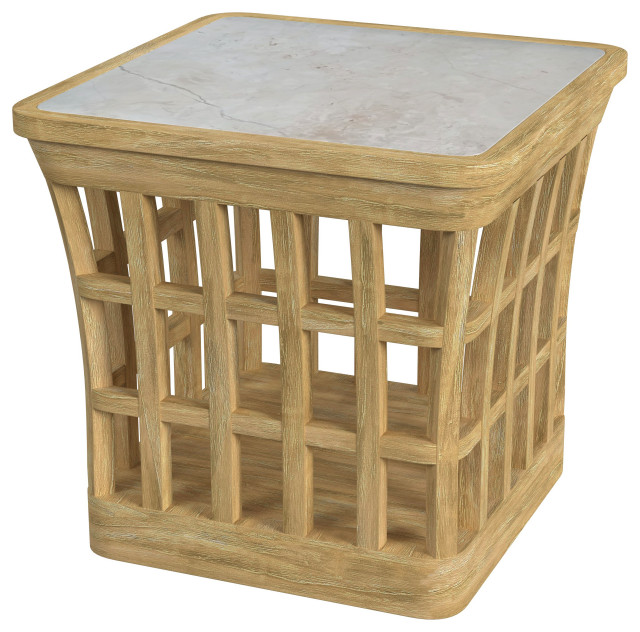 Monhegan Outdoor Teak and Marble End Table Farmhouse Outdoor Side