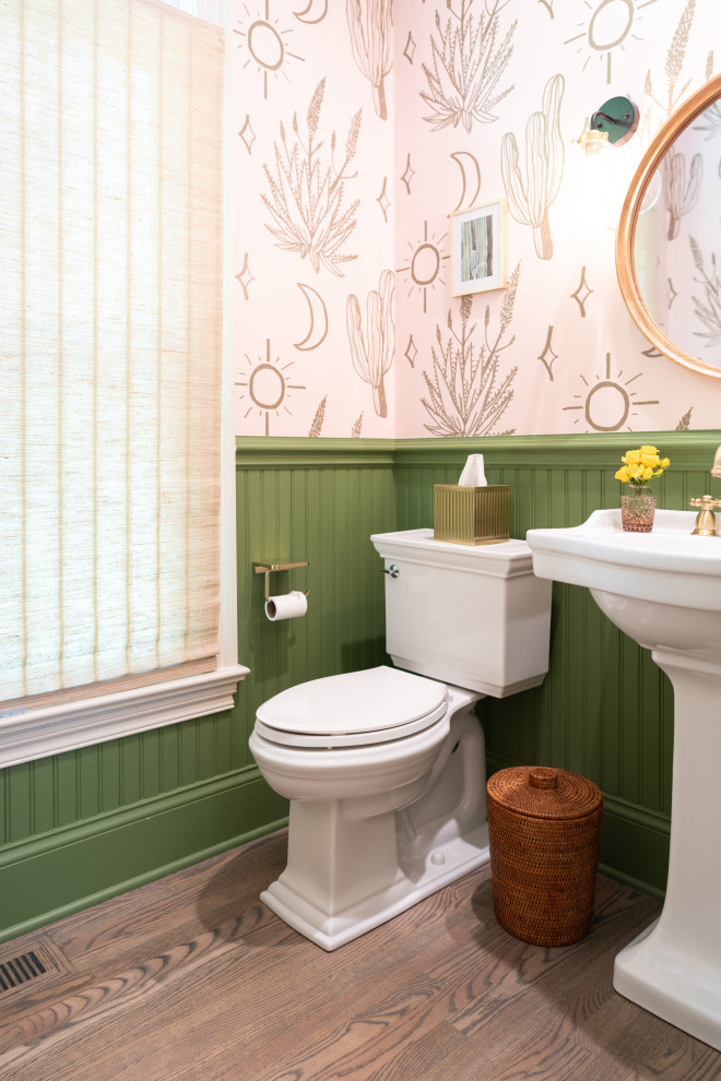 Stylish Bathroom With Green Walls and Cactus Pattern Wallpaper