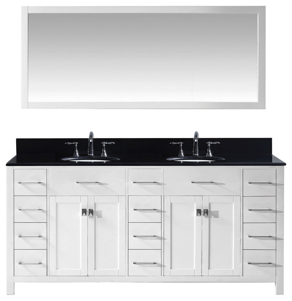 Caroline 72" Double Bathroom Vanity Set, White, Black Galaxy Granite Round Sinks