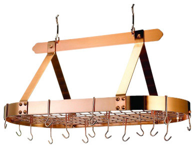 Oval Satin Copper Pot Rack With Grid And 16 Hooks