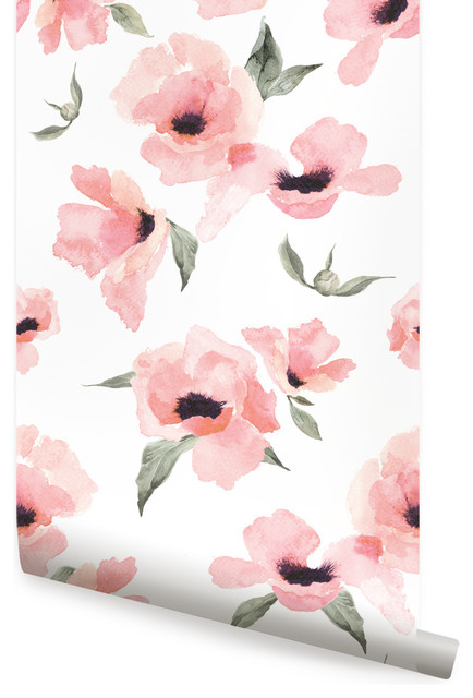 Watercolor Poppy Flowers Peel and Stick Wallpaper - Contemporary