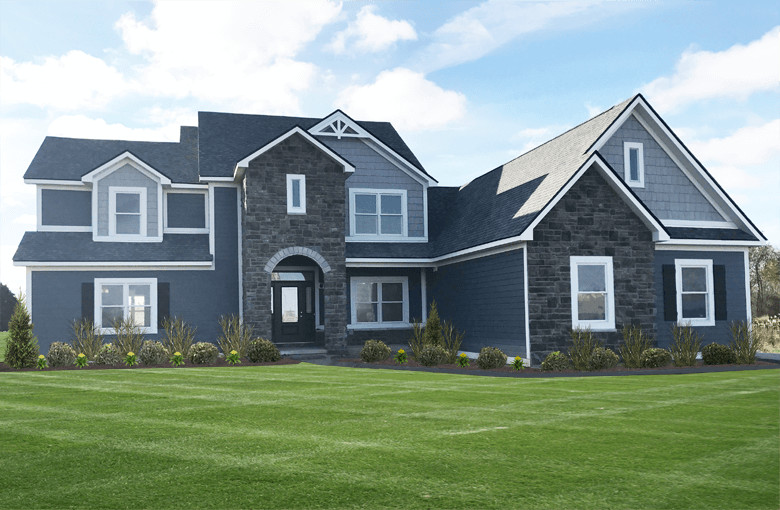 Inspiration for a large blue two-story vinyl house exterior remodel in Indianapolis with a shingle roof