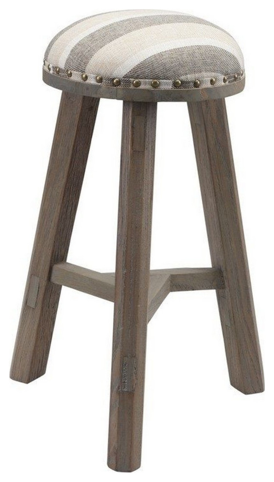 Fabric Stool With Nailhead Trim and Angled Block Legs, Cream and Brown