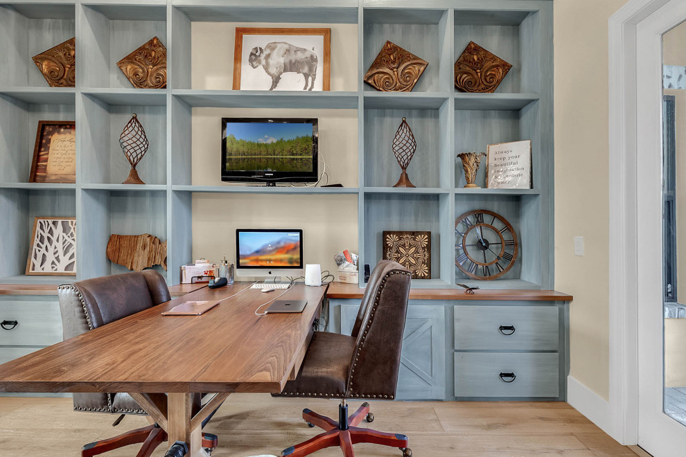 Inspiration for a large study room in Orlando with grey walls, light hardwood floors, a built-in desk and grey floor.