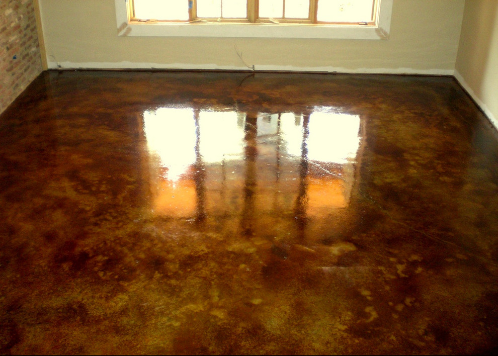 Small transitional look-out concrete floor basement photo with beige walls and no fireplace