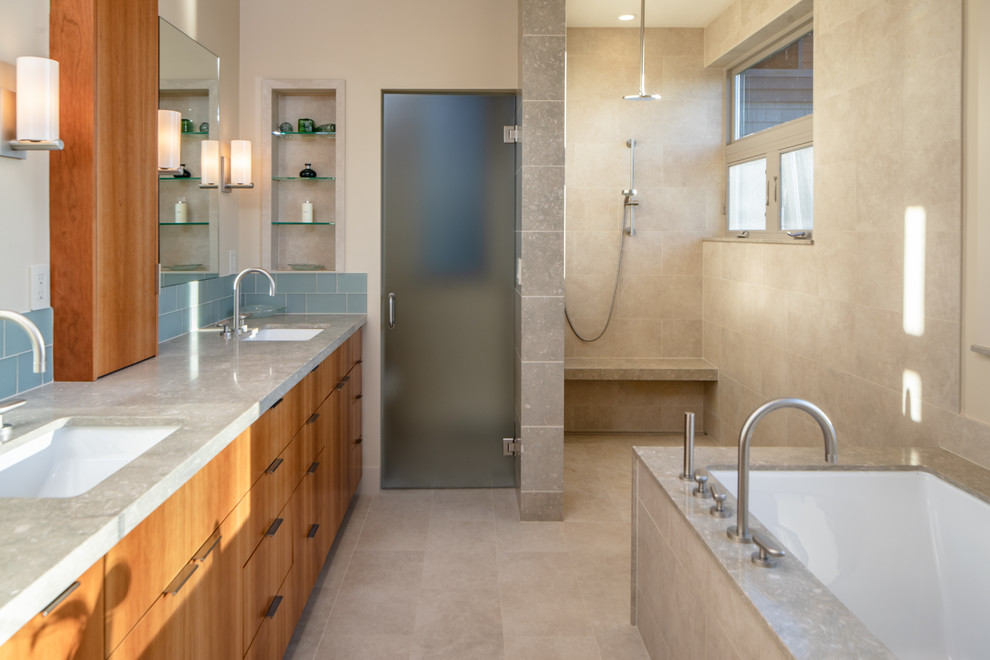 Mid-sized contemporary master bathroom in Seattle with flat-panel cabinets, brown cabinets, an undermount tub, a curbless shower, a one-piece toilet, beige tile, porcelain tile, beige walls, porcelain floors, a drop-in sink, granite benchtops, beige floor, an open shower and grey benchtops.