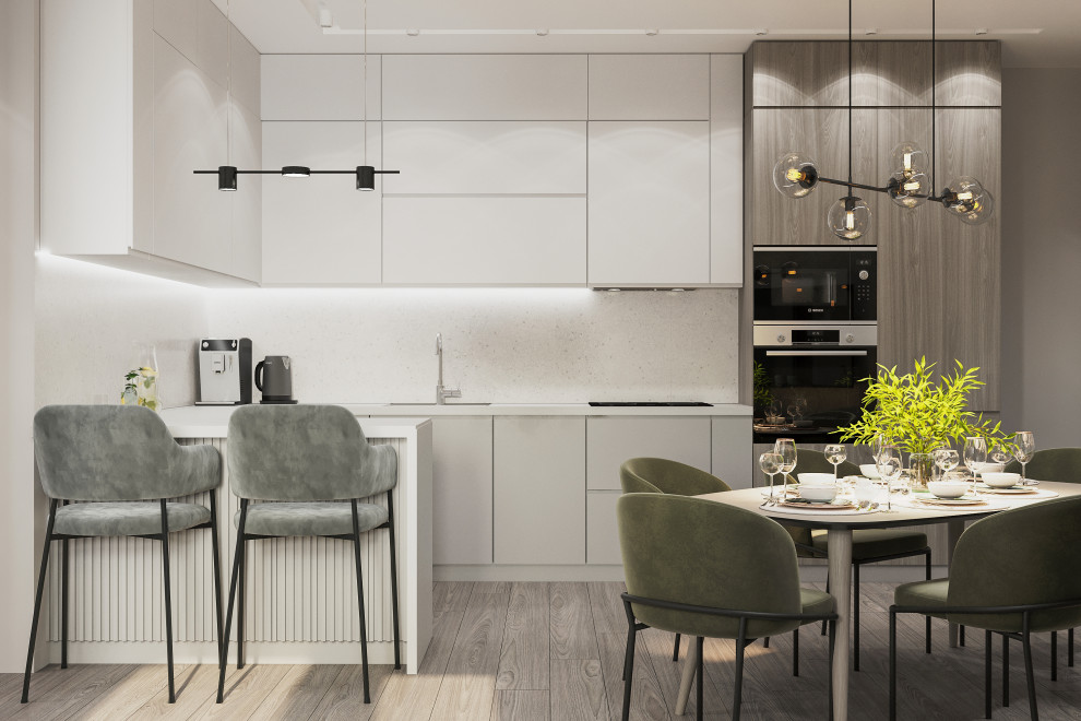 Угловая кухня с островом в серых тонах