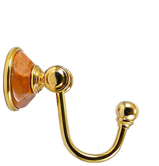 Robe Hook With Rosso Verona Marbel Accents, Polished Gold