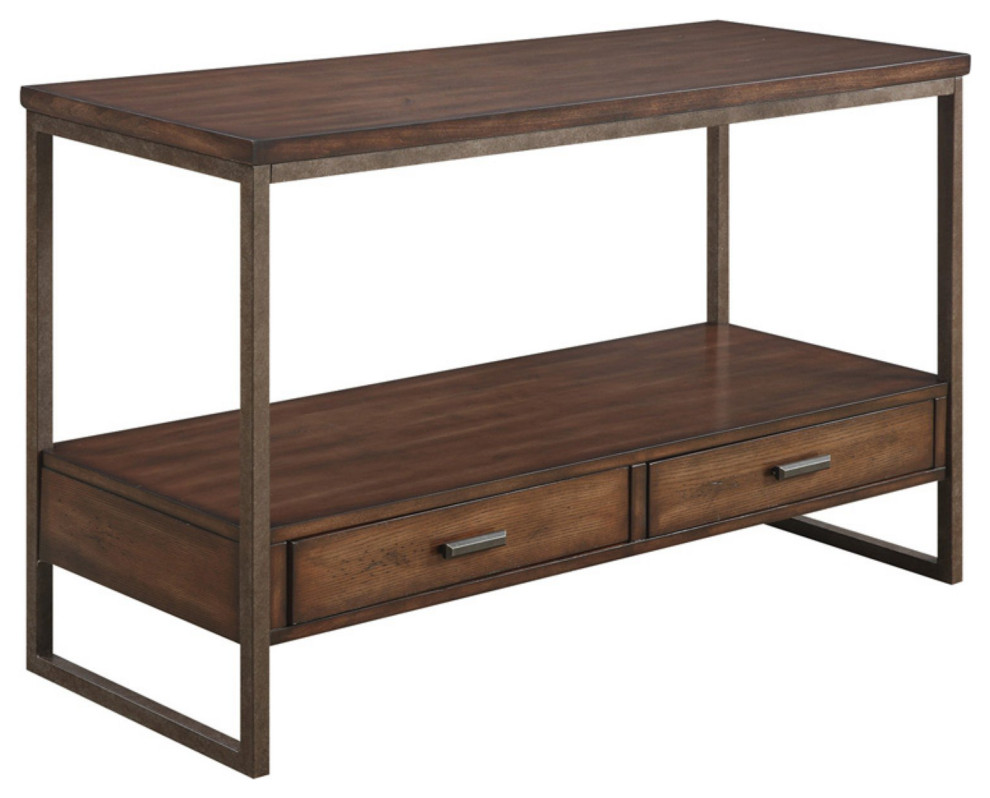 Industrial Console Table, Metal Frame With Open Display & Storage Drawers, Brown Transitional