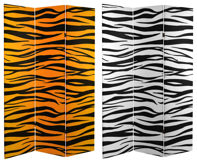 6' Tall Double Sided Tiger Print Canvas Room Divider Contemporary