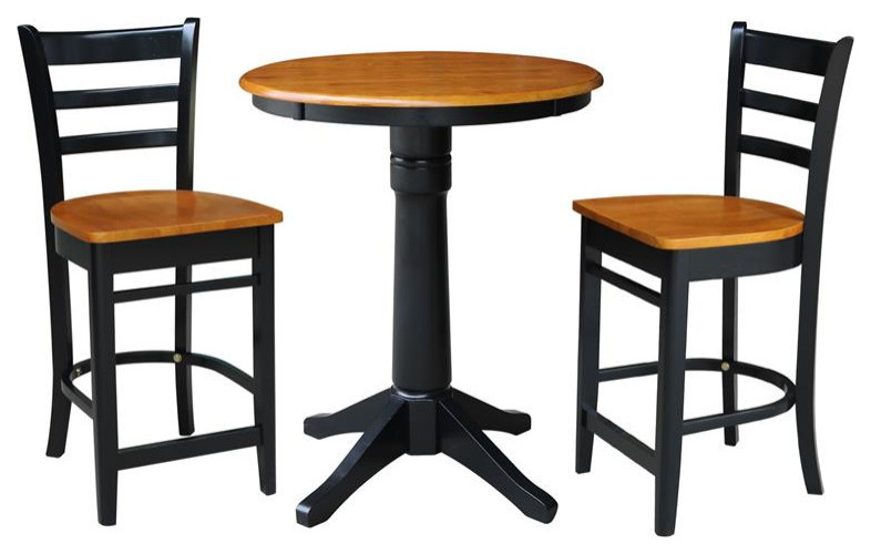 30" Round Pedestal Gathering Height Table with Emily Counter Height Stools, Black / Cherry
