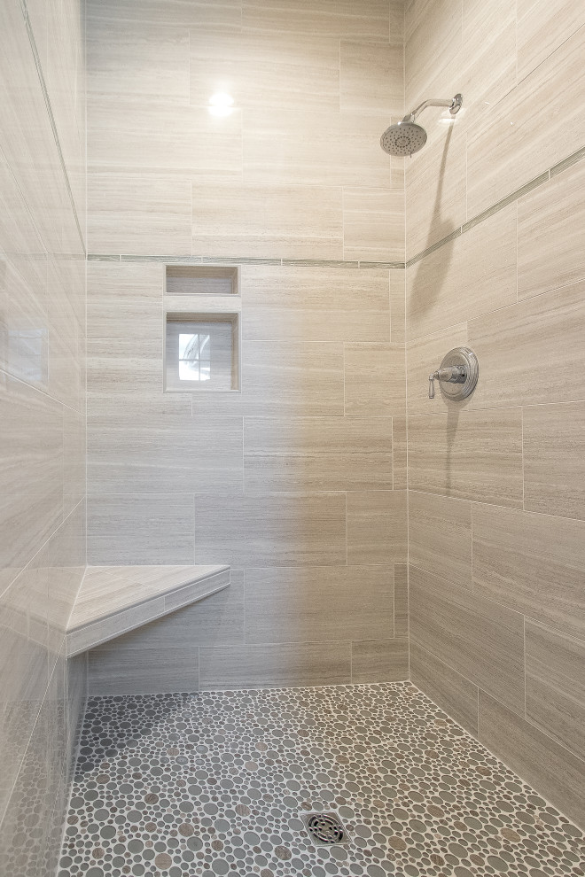 Shower bench - transitional beige tile and porcelain tile mosaic tile floor and beige floor shower bench idea