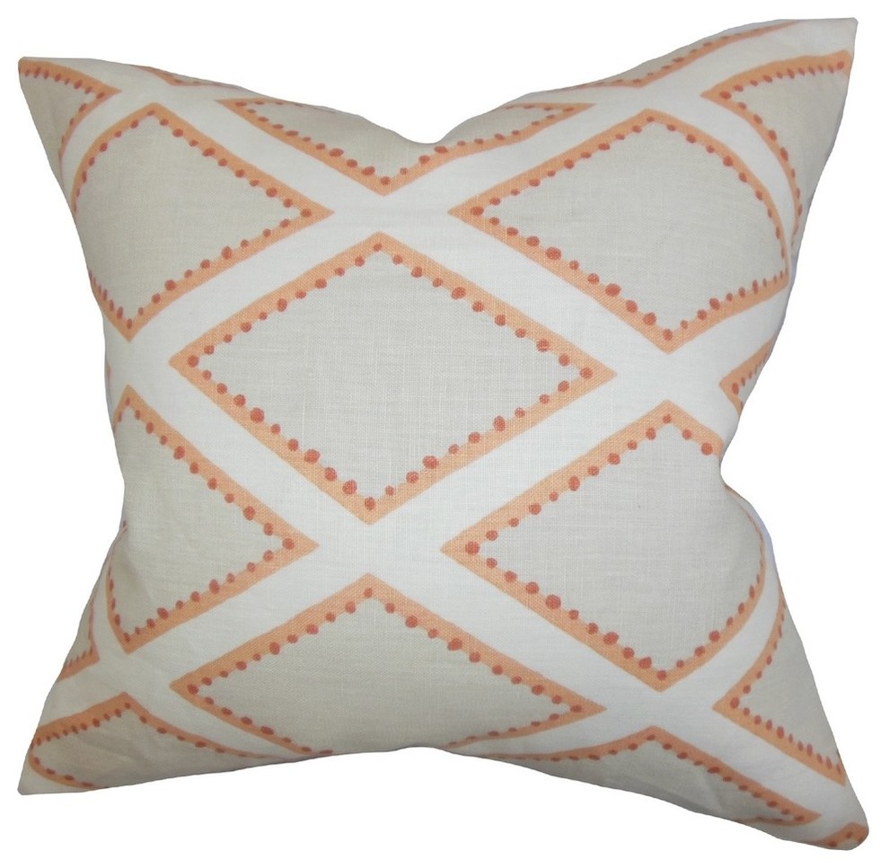 Alaric Geometric Pillow, Gray and Coral, 18"x18"