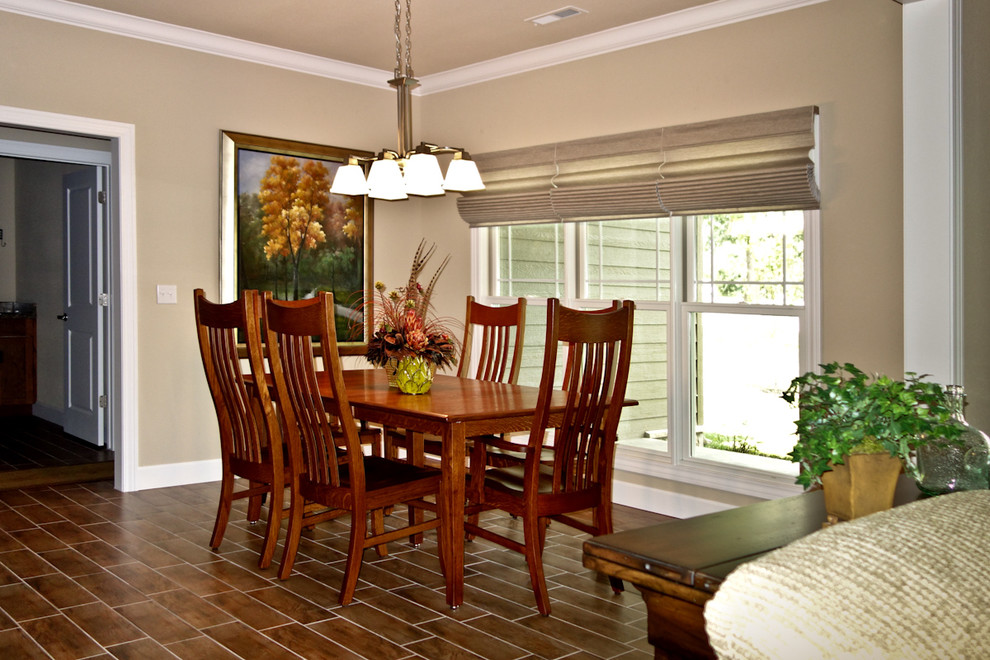 Mid-sized arts and crafts dining room in Other with brown walls and porcelain floors.