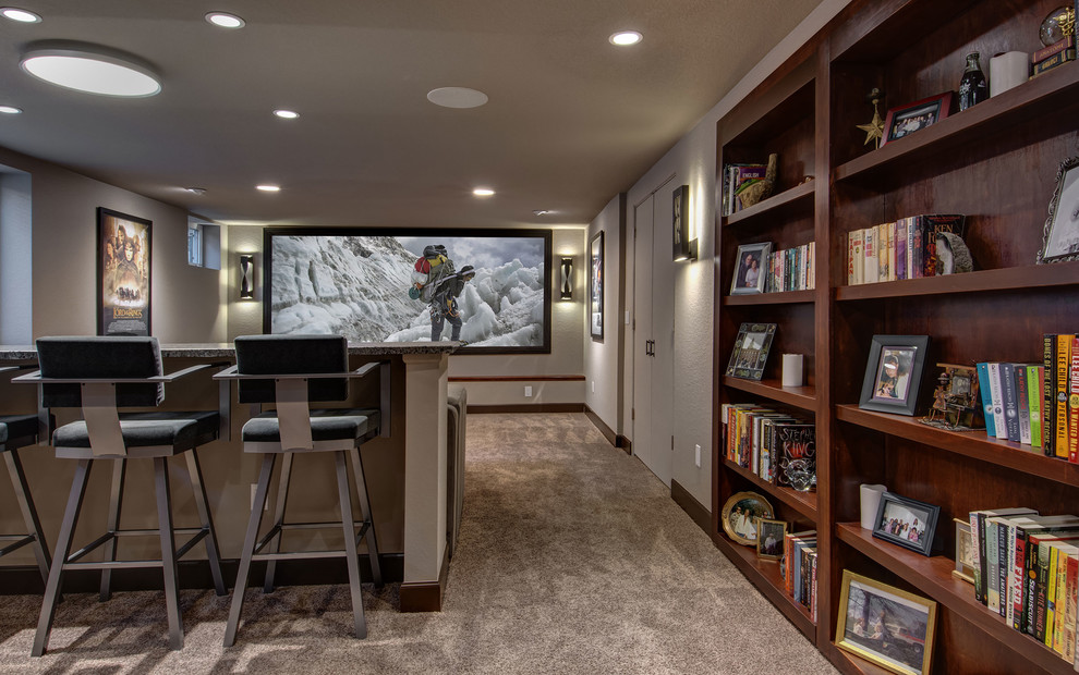 Inspiration for a large transitional look-out basement in Denver with beige walls, carpet, no fireplace and brown floor.