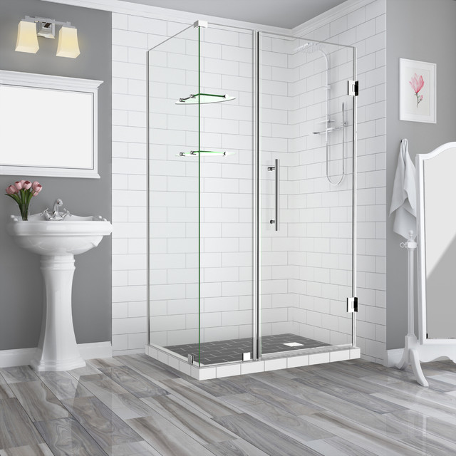 BromleyGS Frameless Corner Shower Enclosure, Stainless 49x30" Door 27