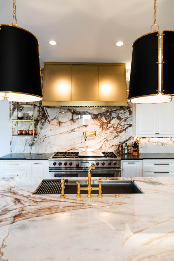Inspiration for a medium sized classic cream and black kitchen in Other with marble worktops, white splashback, marble splashback, an island, white worktops, recessed-panel cabinets, white cabinets and stainless steel appliances.