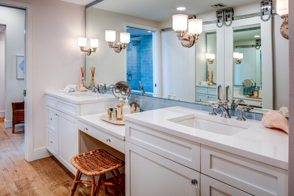 Inspiration for a large country master bathroom in Tampa with louvered cabinets, white cabinets, an open shower, blue tile, quartzite benchtops, an open shower, white benchtops, a shower seat, a single vanity and a built-in vanity.