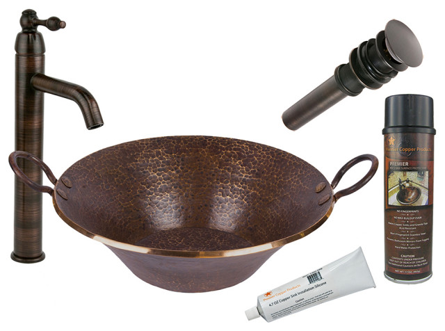 Hand Forged Old World Miners Pan Copper Vessel Sink Pack-1 With Accessories