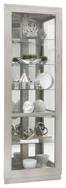 Asymmetrical Two Door Corner Curio Cabinet Soft Gray Farmhouse