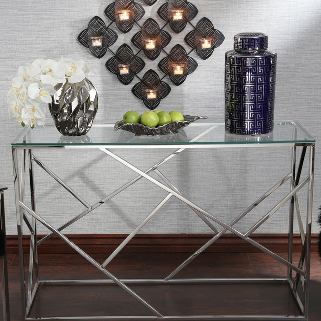 Sagebrook Home Modern Silver Glass, Chrome Metal Glass Accent Console Sofa Table With Shelf