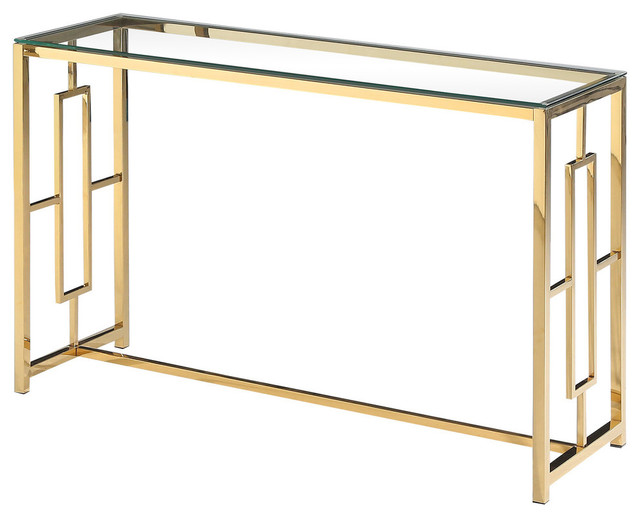 Gold Stainless Steel Glass Sofa Table, Stainless Steel Glass Console Table