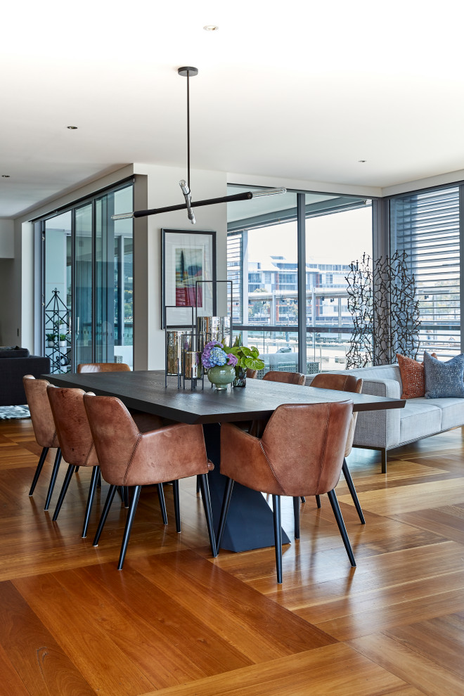 Design ideas for a large contemporary open plan dining in Sydney with grey walls and brown floor.