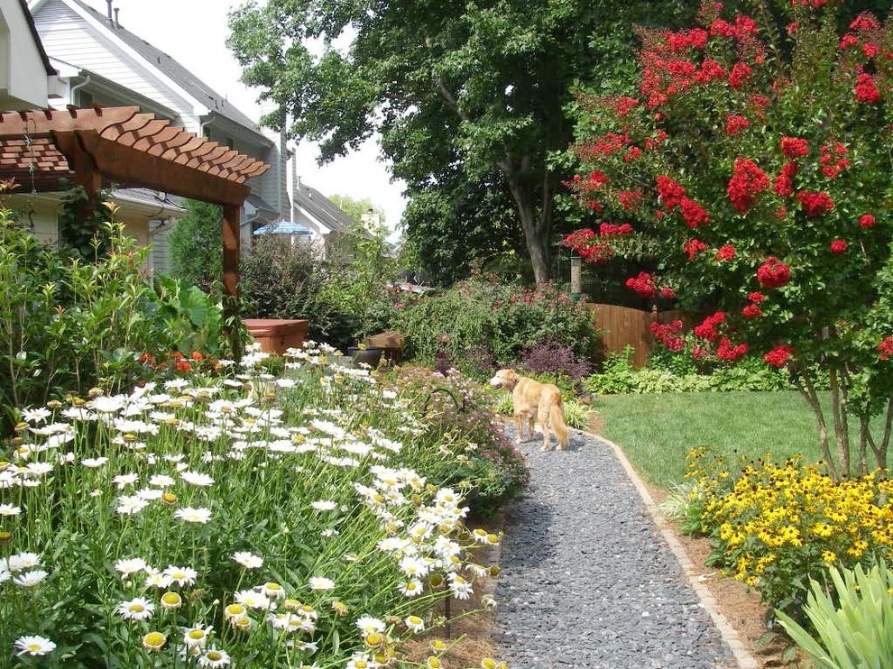 Mid-sized traditional backyard full sun formal garden in Atlanta with a garden path and gravel for summer.