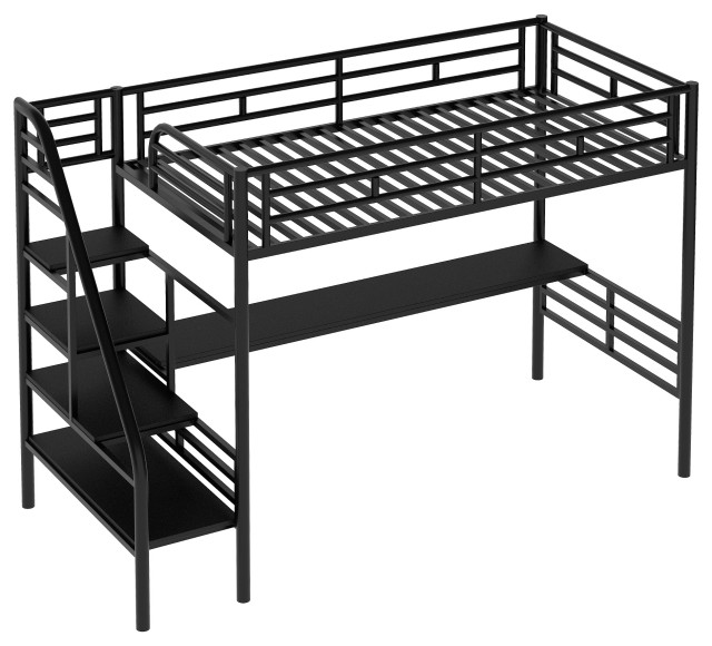 Gewnee Metal Loft Bed Frame with Desk, No Box Spring Needed,Twin,In