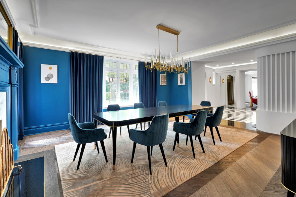 Formal Dining Room with Navy Blue Walls & Gold Chandelier – Historic Renovation 
