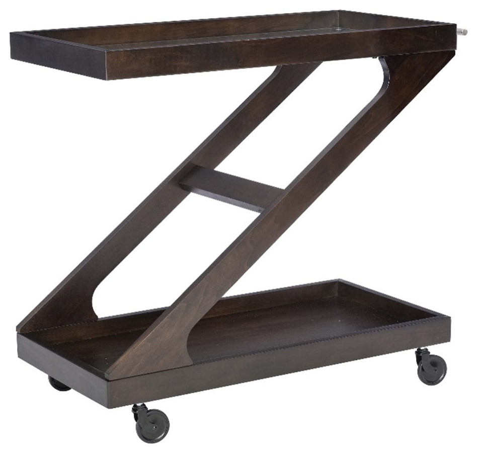 Linon Mare Wood Z Shaped Rolling Bar Cart with Glass Top in Umber Stain