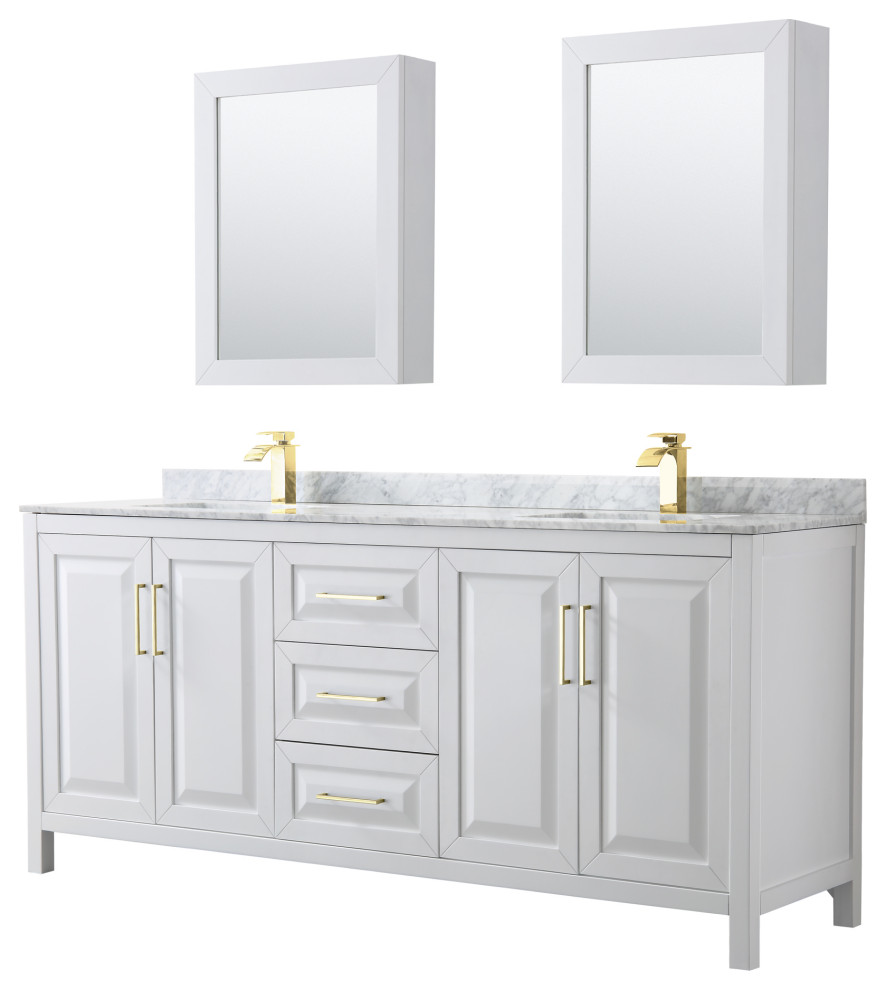 Daria 80" Double Vanity, White, Top, Medicine Cabinets, Brushed Gold Trim