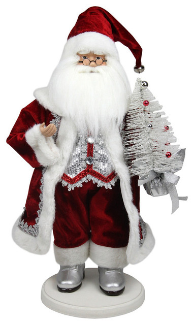 19" Red White and Silver Santa Claus with Christmas Tree Tabletop Decoration