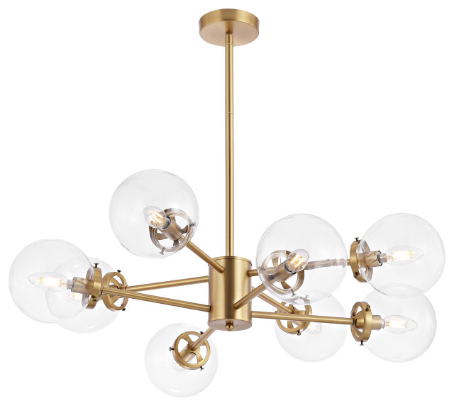 Modern 8-Light Sputnik Chandelier With Glass Shades, Gold, Clear Glass